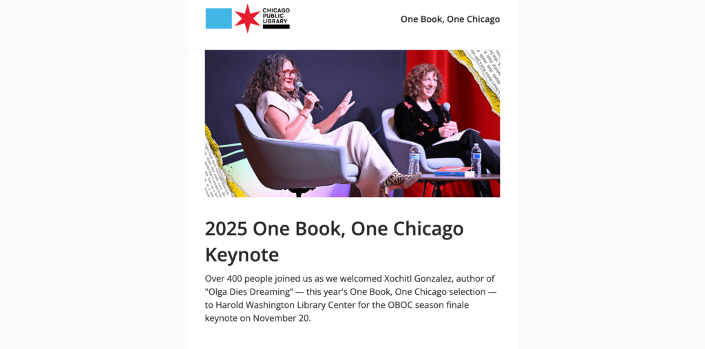 screenshot of CPL One Book One Chicago email
